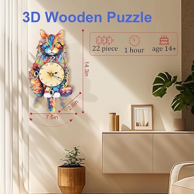 Kosmickiss 3D Wooden Puzzles for Adults, Maine Cat Mechanical Model Kits, DIY Wall Clock Puzzle, Gifts for Cat Lovers, Home Decor Creative Gifts for Men and Women, Pendulum Wood Craft