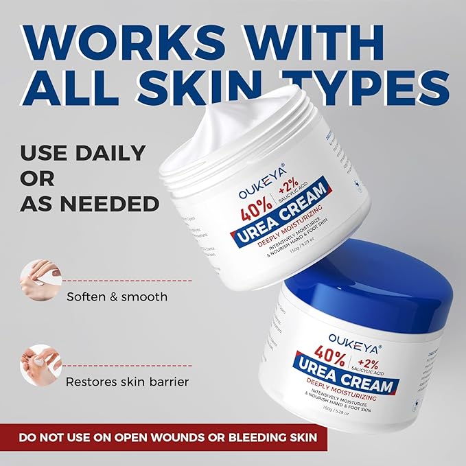 OUKEYA NEW FORMULA Urea Cream 40% Plus 2% Salicylic Acid for Feet Maximum Strength, Dry Cracked Hand Heel Moisturizing Repair Lotion for Knees, Elbows, Removes Corns, Dead Skin Cream, 5.29 oz