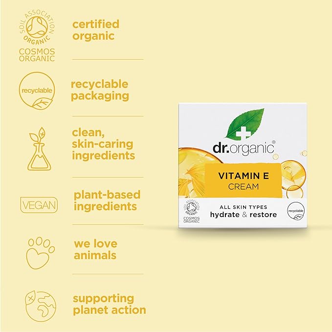 Dr. Organic Vitamin E Moisturising and Restoring Cream | Deeply Hydrates, Restores Skin’s Natural Balance, Natural, Certified Organic, Paraben & SLS-Free, 50 mL / 1.7 fl oz