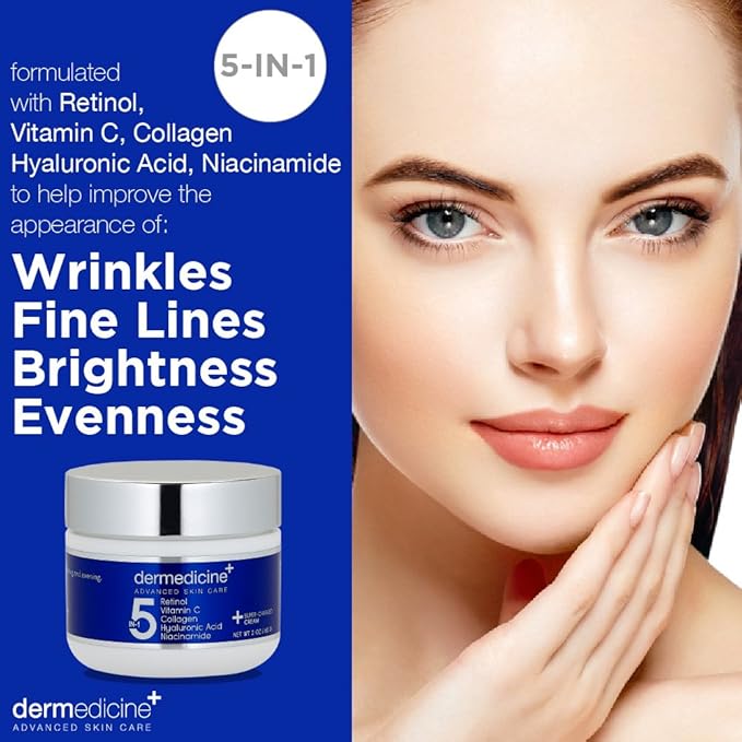 5 in 1 Retinol, Vitamin C, Collagen, Hyaluronic Acid and Niacinamide | Potent Face Cream Fine Lines and Wrinkles and Reduce Appearance of Dark Spots 2 oz
