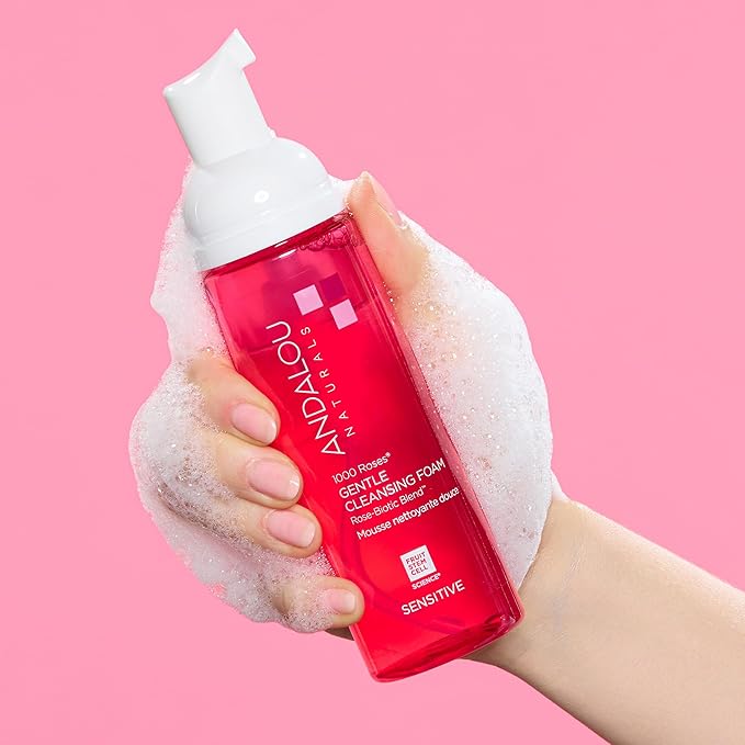 Andalou Naturals 1000 Roses Gentle Cleansing Foam | Foaming Face Wash with Rose Stem Cells & Organic Aloe Leaf Juice | Hydrating Daily Cleanser for Sensitive Skin | 5.5 fl oz