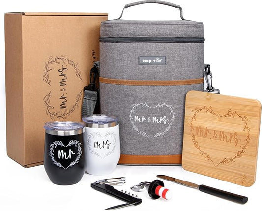 Hap Tim Wedding Gifts for Couples, Bridal Shower Gifts, Engagement Gifts for Newlyweds, Mr and Mrs gifts - Wine Cooler Bag Insulated Wine Carrier Tote with Tumblers, Bamboo Cheese Borad