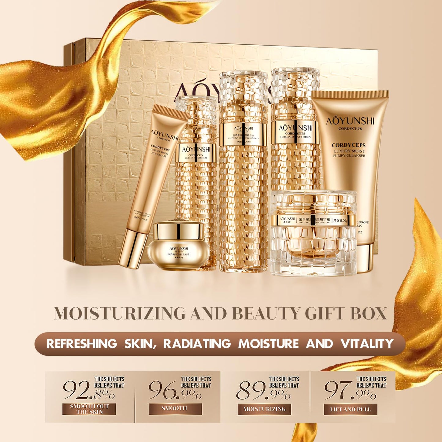 Luxurious Hydrating Skincare Gift Set with Cordyceps Extract - Includes Face Cleanser, Balm, Eye Cream, and 4-Piece Essence Set (Water, Serum, Emulsion, Cream)