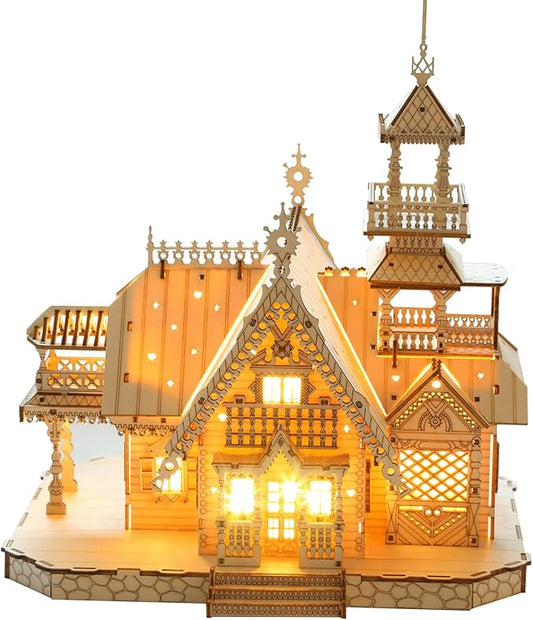 3D Wooden Puzzles for Adults 267pcs Vintage LED Light Villa DIY Wooden Assembly Kit for Teens Home Decor