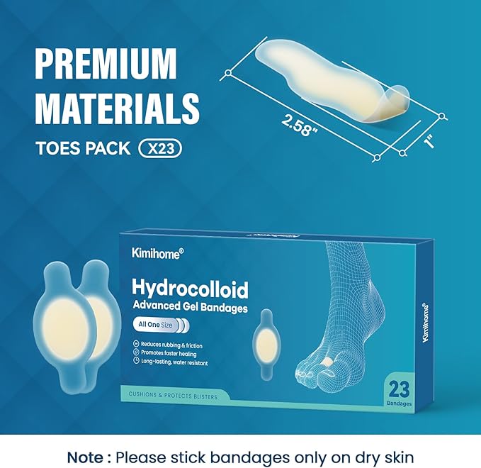 Hydrocolloid Gel Blister Bandages Pads - Kimihome 23ct Water Resistant Blisters Bandages - Adhesive Blister Pads for Heel, Foot, Toe - Gel Blister Chshions for Prevention & Recovery (Toe Pack)