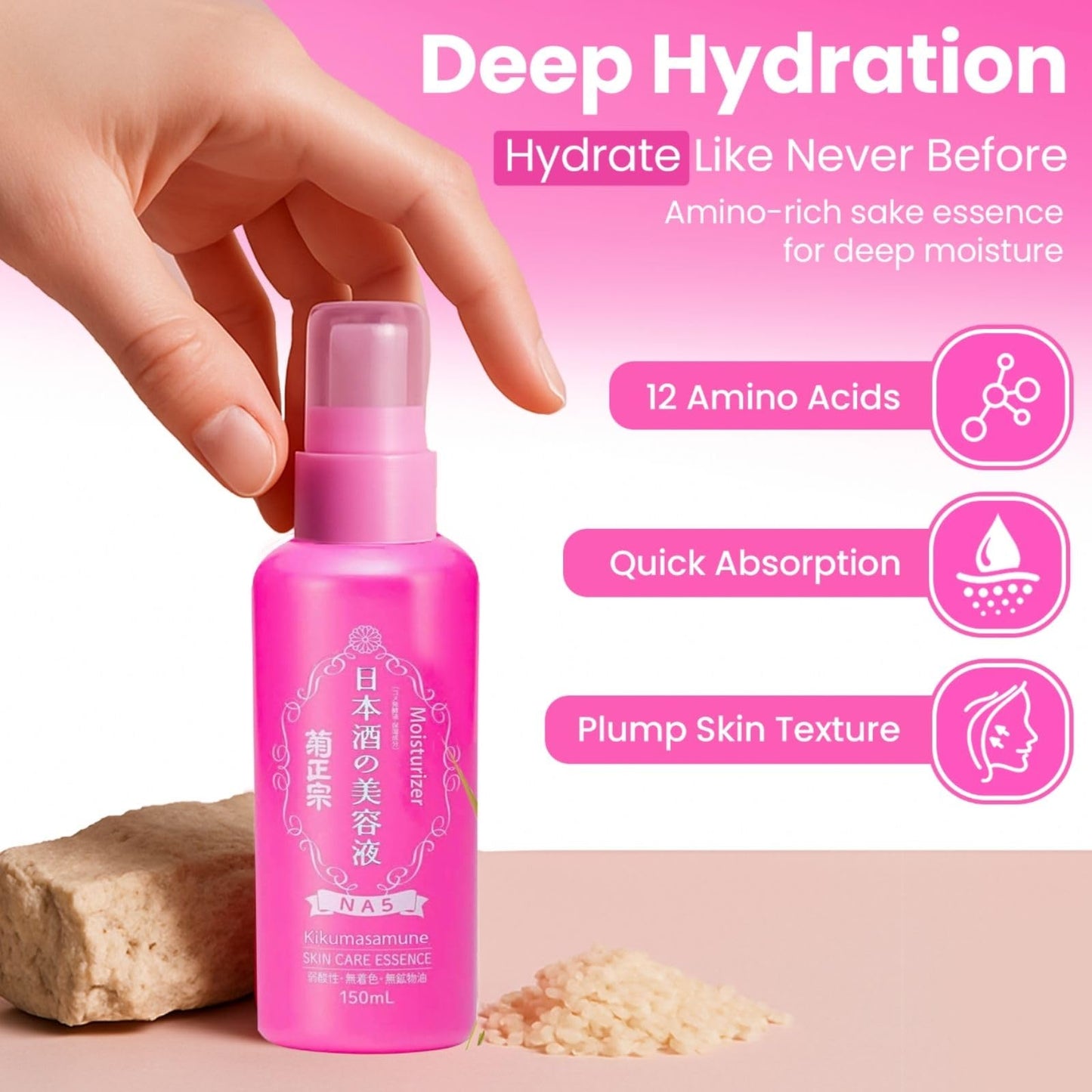 Kikumasamune Natural & Hydrating Face Moisturizer Set with Organic Moisturizing Foaming Face Wash Cleanser & Facial Serum Essence with Vitamin C & Ceramide, Daily Use for All Skin Types, Made in Japan