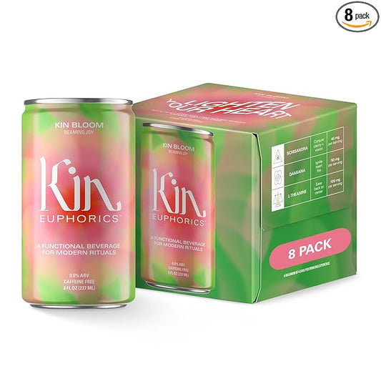 Kin Euphorics Kin Bloom Non-Alcoholic Functional Beverage | All day rosé | Elevate Your Mind & Spirit | Prebiotic | L-Theanine, Schisandra, Damiana | Ready to Drink | 8 Fl Oz (8pk)