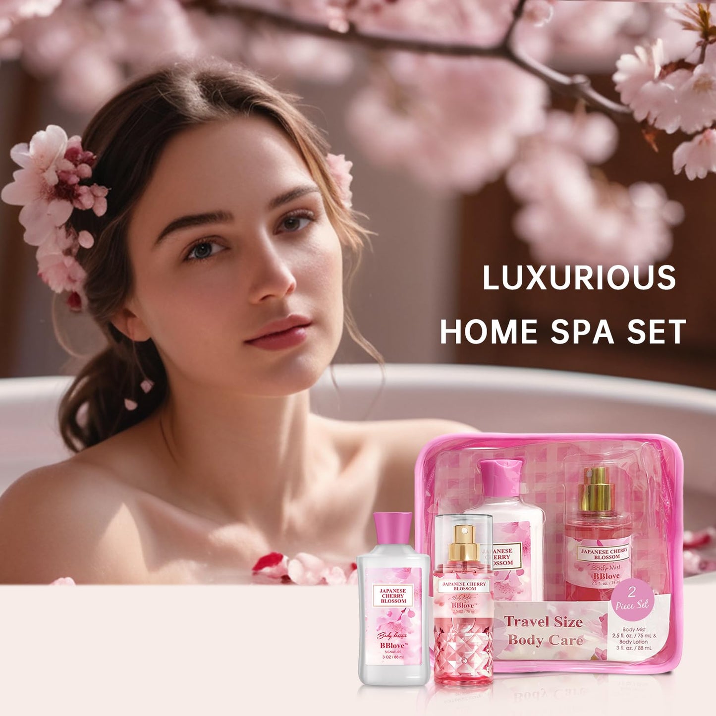BBlove Japanese Cherry Blossom Bath and Body Gift Set - 2-Piece Travel Skincare Essentials (3oz Body Lotion + 2.5oz Fragrance Mist) Lightweight Hydrating Duo, Holiday Gift Set