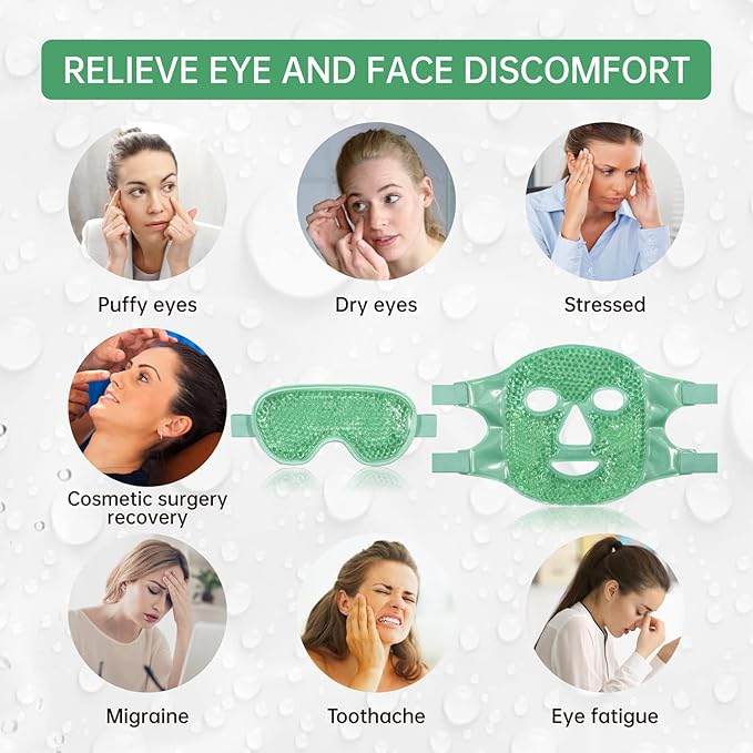 Cooling Ice Face Eye Mask for Reducing Puffiness, Bags Under Eyes,Sinus,Redness,Pain Relief,Dark Circles, Migraine,Hot/Cold Pack with Soft Plush Backing(Green(1* Eye Mask+1*Face Mask))