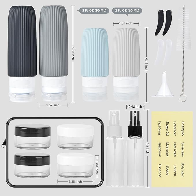 Travel Bottles for Toiletries (18 Pack), TSA Approved Size Silicone Containers Jar Kit, Airplane Essentials Toiletry Bag, Leak Proof Refillable Accessories for Conditioner, Shampoo, Lotion & Body Wash