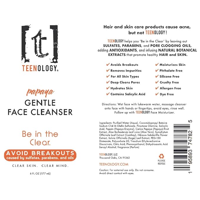 Teenology Gentle Face Cleanser for Teens - Helps with Acne and Breakouts - Fresh Papaya Scent 6 Ounce
