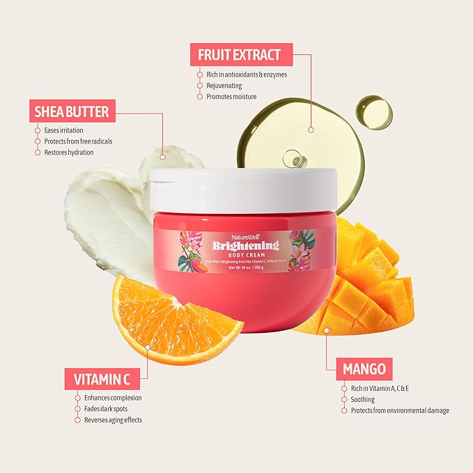 NATURE WELL Brightening Body Cream, Infused with Radiance-Boosting Antioxidant-Rich Vitamin C & Ultra-Hydrating Mango Butter, Refreshing Scent & Fast-Absorbing Luminous Finish, 10 oz