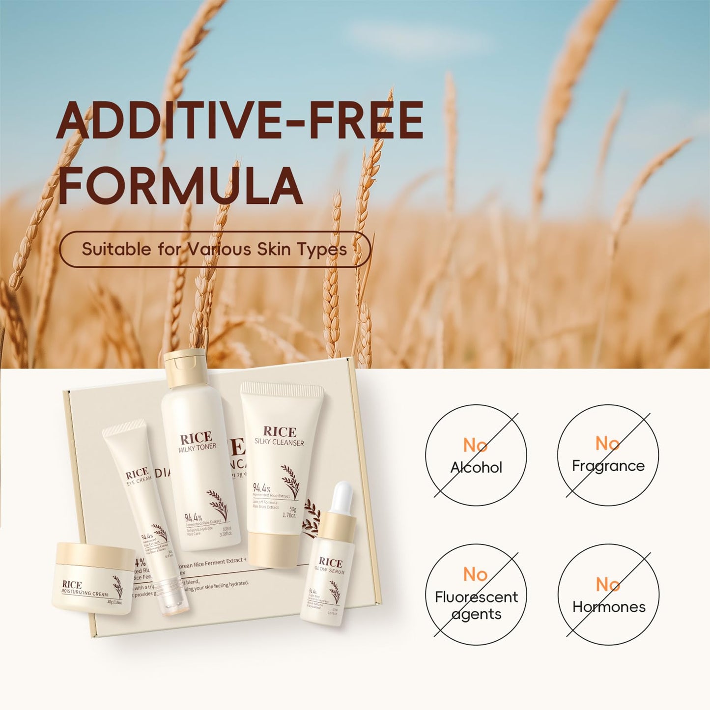 5PCS Rice Skin Care Set for Women & Teen Girls – Facial Kit for Women with Cleanser, Toner, Serum, Eye Cream & Face Cream – Travel Size Skincare Set Soothing & Moisture-Locking Daily Skincare Gift Set