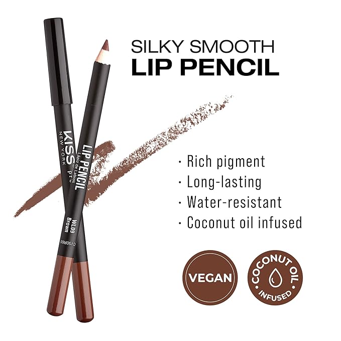 KISS New York Professional Slim Lip Pencil, Creamy Soft Lip Liner, Smooth Long-Lasting Rich Lip Color, Natural Lip Makeup, Water-Resistant Lip Crayon (Brown)