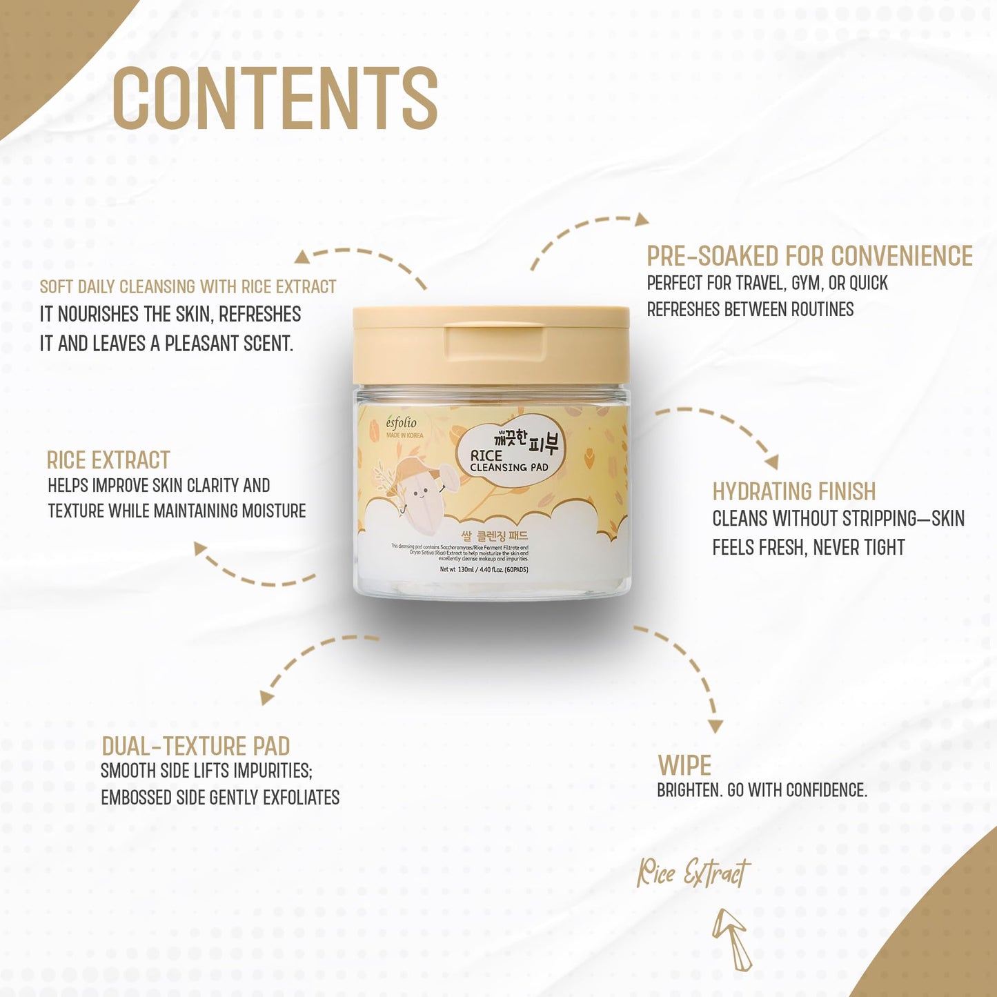 Esfolio Rice Cleansing Pad – Gentle Daily Facial Pads with Rice Extract for Skin Clarity and Softness – Easy One-Step Cleanser for Radiant Complexion – Korean Skincare – 60 Count