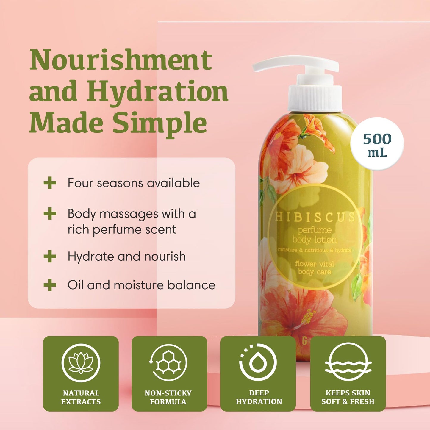 Jigott - Hibiscus Perfume Body Lotion 16.9 FL OZ/500ml, Korean Beauty Skincare Product, Hydrating & Nourishing Daily Moisturizer for Soft Skin.