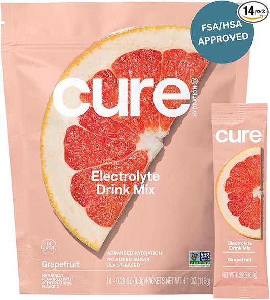 Cure Hydration | Plant-Based Electrolyte Drink Mix | No Added Sugar | FSA-HSA | Dehydration Relief Powder Made with Coconut Water | Non-GMO | Vegan | Pouch of 14 Packets - Grapefruit