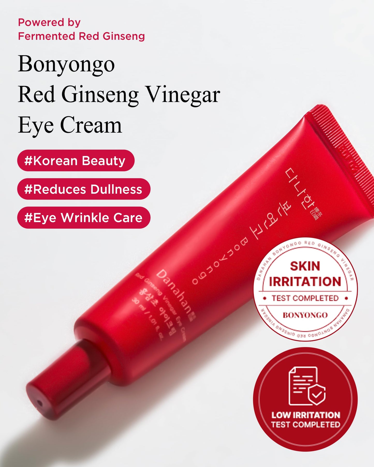 Danahan Bonyongo Red Ginseng Vinegar Eye Cream – Anti Aging Eye Treatment Cream for Youthful Radiant Skin - Wrinkle Improvement with Fermented Red Ginseng - Korean Skincare, 1.01oz.