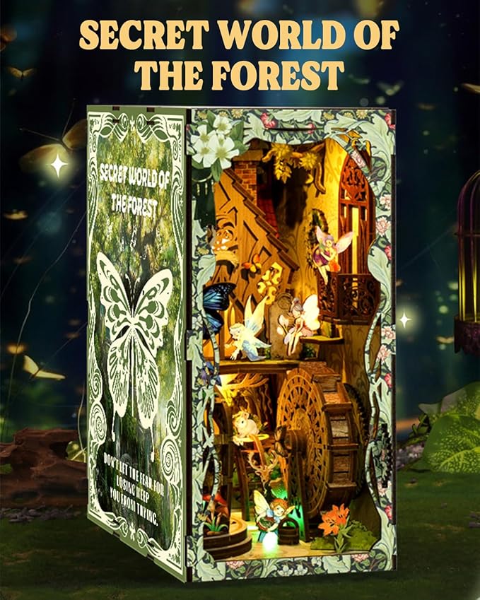 Book Nook Kit - DIY Miniature House Dollhouse 3D Puzzles for Adults and Teens - Gifts for Family and Friends Bookshelf Decor Tiny House Model Build with LED Light (BV02-007)