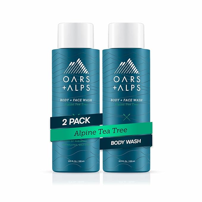 Oars + Alps Men's Moisturizing Body and Face Wash, Skin Care Infused with Vitamin E and Antioxidants, Sulfate Free, Alpine Tea Tree, 2 Pack