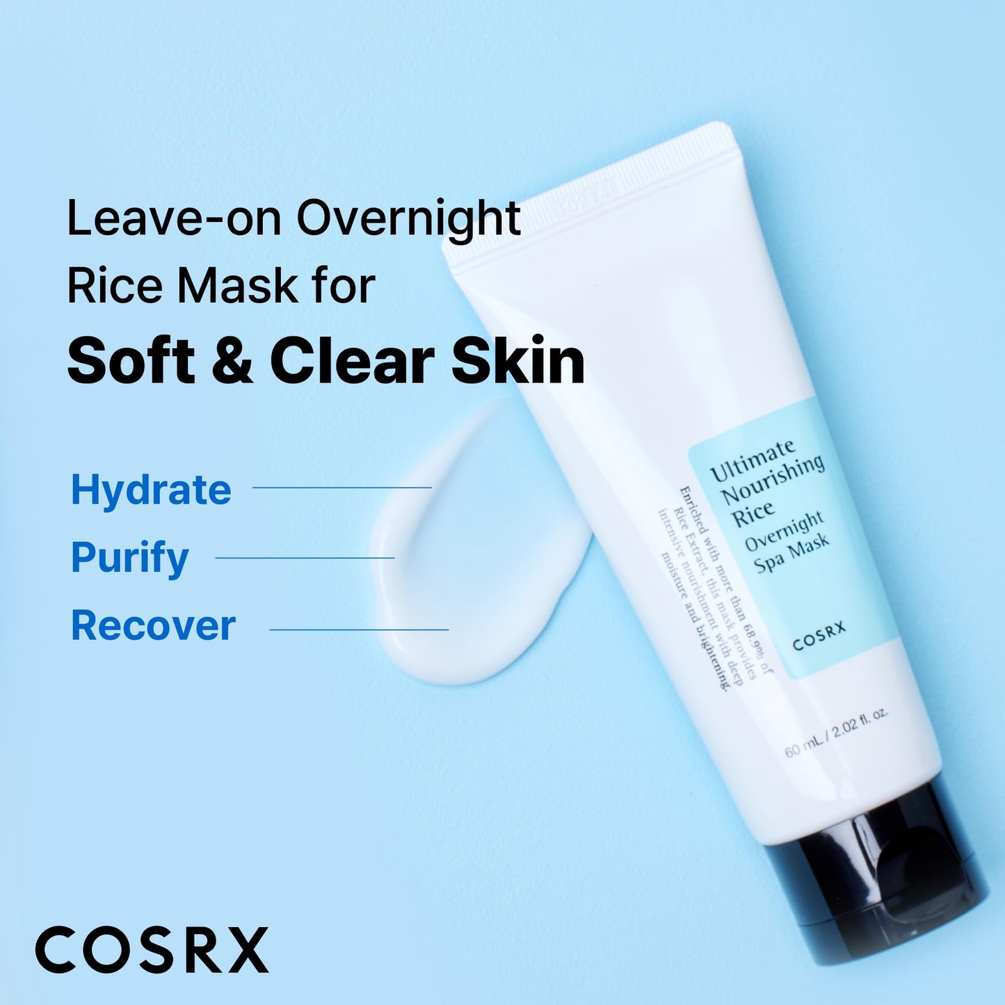 COSRX Ultimate Nourishing Rice Overnight Spa Mask, 60ml / 2.02 fl.oz | Rice Extract 68% and Niacinamide 2%, Korean Skin Care, Animal Testing Free, Paraben Free