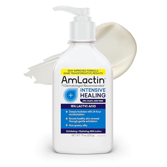 AmLactin Intensive Healing Body Lotion for Dry Skin, 7.9 oz Pump Bottle, 2-in-1 Exfoliator and Moisturizer with Ceramides and 15% Lactic Acid for 24-Hour Relief from Dry Skin (Packaging May Vary)