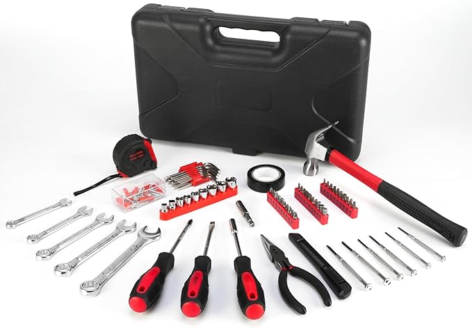 149-Piece General Hand Tool Kit - Essential Home Toolkits with Plastic Toolbox Storage Case for all Purpose, Complete Tool Set for Women, Men, College Students, Dorm, DIY Enthusiast (Red)