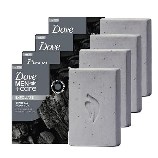 DOVE MEN + CARE Cleansing Bar Soap Charcoal + Clove Oil 4 Count to Rebuild Skin in the Shower, a 4in1 Hair, Body, Face & Shaving Bar with Plant-Based Cleanser and Natural Oils 5 oz
