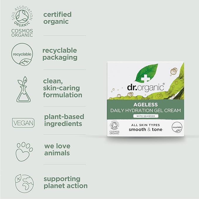 Dr. Organic Ageless Daily Hydration Gel with Seaweed | Hydrating, Tones & Smoothes Complexion, Certified Organic, Paraben & SLS-Free, Recyclable, 50 mL / 1.7 fl oz