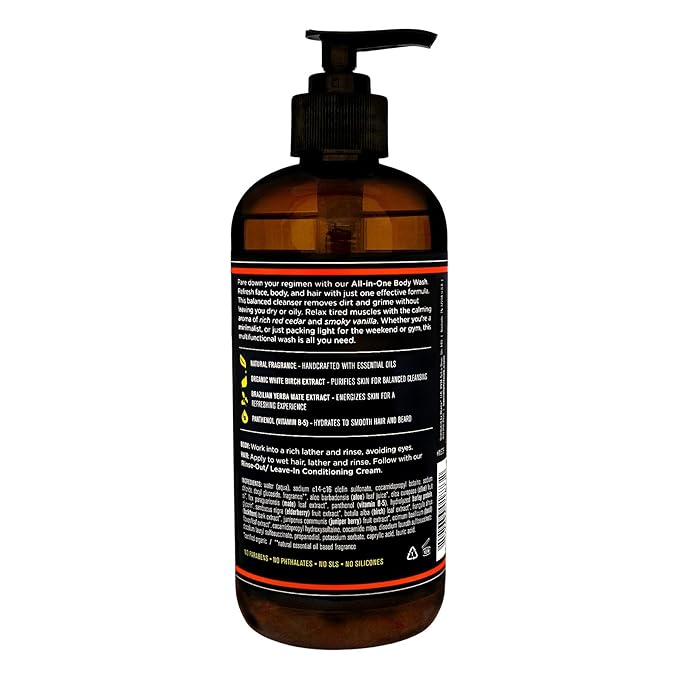 Barrel and Oak - All-In-One Body Wash, Men's Soap for Hair, Face, & Body, Essential Oil-Based Scent, Cedarwood & Bourbon, Vegan (Bourbon Cedar, 16 oz)