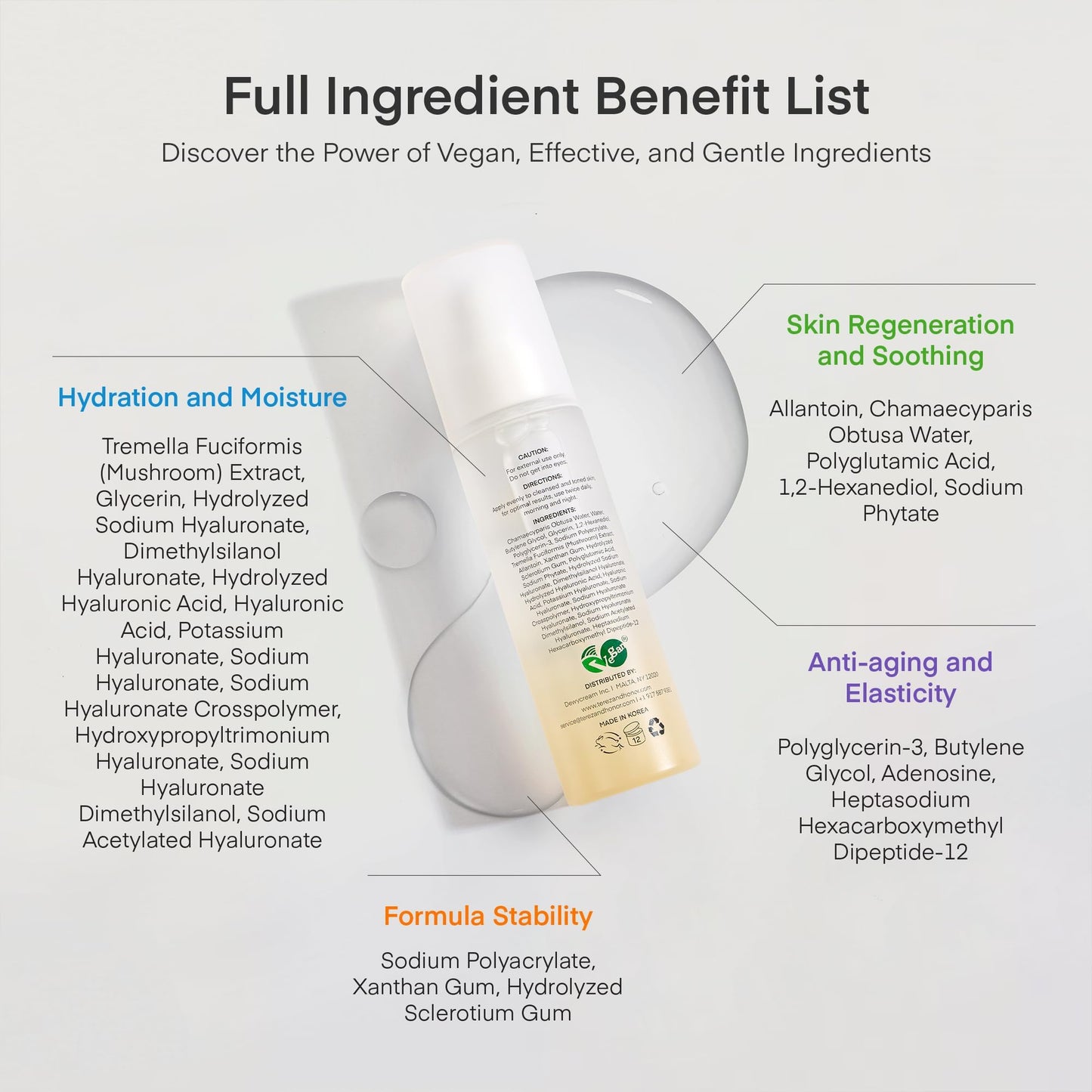 TEREZ & HONOR TremellaGlo Face Serum: Hydrating Facial Serum for Glass Skin - Korean Skincare Formula with Snow Mushroom & Hyaluronic Acid, for Sensitive & Dry Skin, Vegan, 3.4 FL OZ/100mL