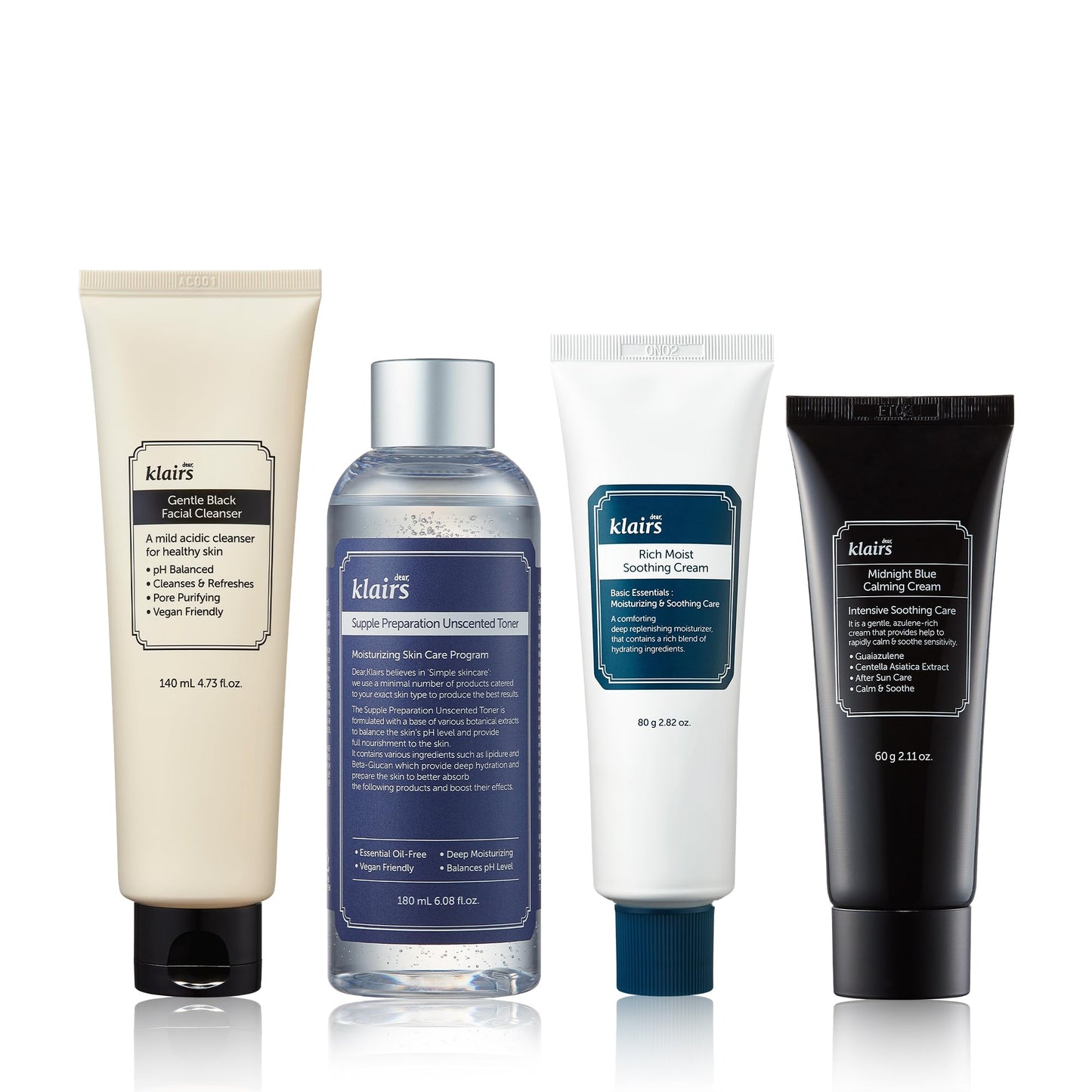 DearKlairs [Klairs] Korean Skincare Beginner Kit, 4pc Set, Cleanser to cream