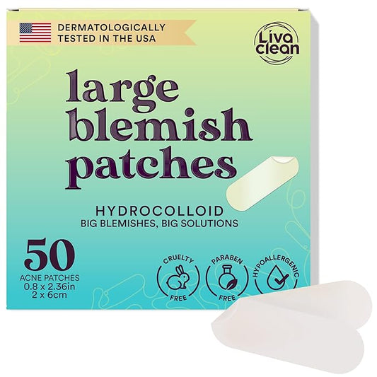 LivaClean 50CT Large Hydrocolloid Acne Patches - for Pore Spots Nose Face Cystic Pimple Zit Patch - Big Pimple Patches Hydrocolloid Bandages Strips Stickers Zit Patch XL