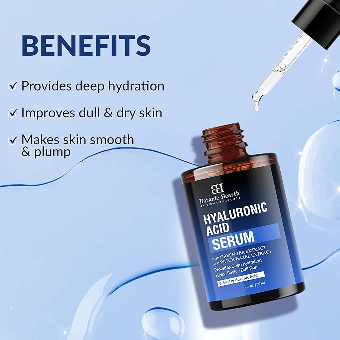 Botanic Hearth 0.5% Hyaluronic Acid Serum For Face With 2% Niacinamide, Witch Hazel & Green Tea Extracts | Hydrating & Moisturizing | Helps Reduce Wrinkles & Fine Lines | All Skin Types | 1Fl Oz