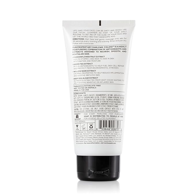 MARLOWE. No. 121 Facial Cleanser 6 oz, Daily Mens Face Wash with Natural Extracts & Antioxidants, Soothes, Purifies, Refreshes, Thick Lather, Fresh Woodsy Scent
