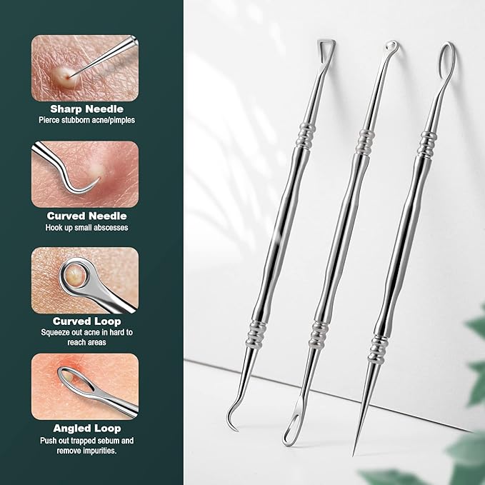 FVION Blackhead and Acne Extractor Kit, Professional Pimple Popper Tool Kit, Acne Tweezers and Blackhead Remover Tools for Face, 6 PCS Surgical Extractor Pimple Popping Tools