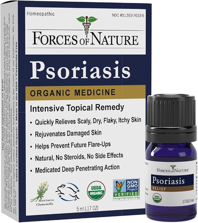 Forces of Nature Natural, Organic Psoriasis Maximum Strength Multi-Symptom Relief for Redness, Flaky, Itch or Dry Skin, Reduce Flare-ups on Skin and Scalp with Essential Oils, Non-GMO, 0.17 Fl Oz