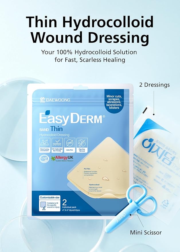 Easyderm Thin Hydrocolloid Large Wound Dressing 4”x4” 1 Pack (2 Dressings) | Waterproof, Latex-Free, Highly Absorbent Dressing for Burns, Blisters, Wound Healing with Mini Scissor