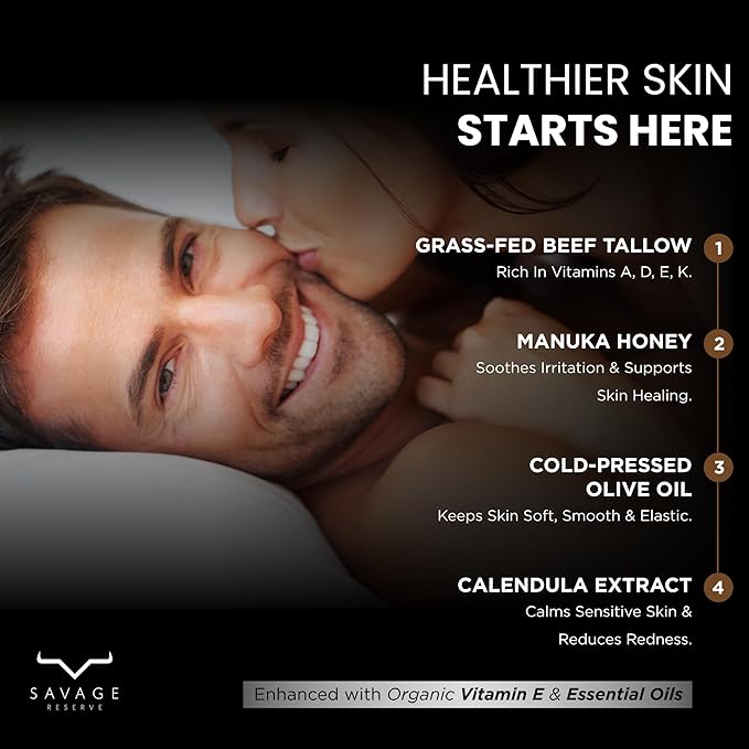 Beef Tallow for Face – Whipped Grass-Fed & Finished Tallow Face Moisturizer for Men with Manuka Honey & Olive Oil – No Seed Oils – All-In-One Beef Tallow for Skin & Body Balm – 4 oz