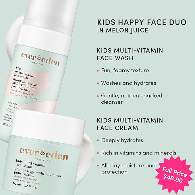 Evereden Kids Happy Face Duo (Melon Juice) - Multi-Vitamin Face Wash & Face Cream Set - Clean & Vegan Skin Care for Kids 3+ - Moisturizing, Nourishing, & Protective Skin Care Set
