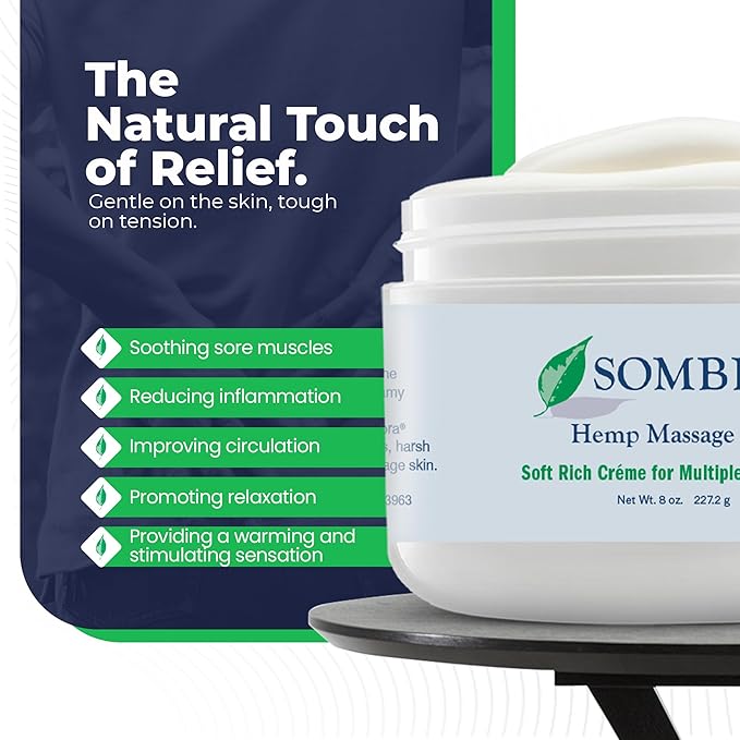Sombra Hemp Massage Crème – Soothes Sore Muscles with Hemp Extract, Vitamin E, Pumpkin, Kukui, Sweet Almond, Jojoba, Shea Butter, Aloe Vera & Lemongrass, 8oz