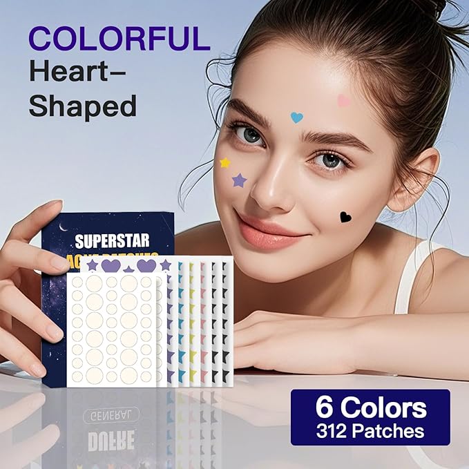 312CT Acne Patches For Face Hydrocolloid,Salicylic Acid,Star Pimple Patches 5Sizes 6Colors Cute Stickers