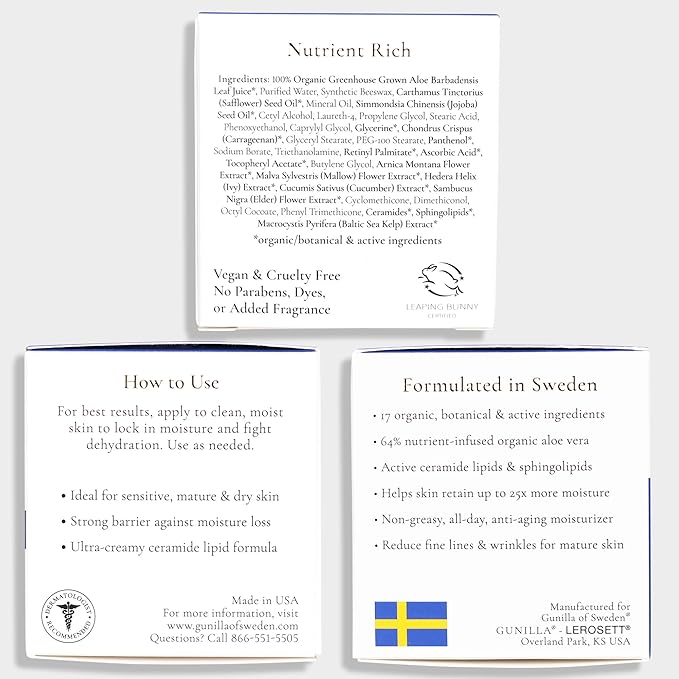 GUNILLA Ceramide Cream A17-24-Hour Moisturizer - Plump, Soften. 17 Actives & Herbals. Plant-Based. No Added Fragrance. Vegan. (2 oz)