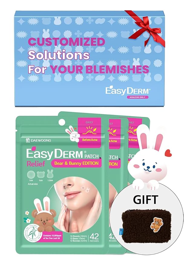 Easyderm Cute Bear&Bunny Relief Pimple Patches with 7,000 PPM Tea Tree Oil(126 counts), Salicylic Acid, Easter basket stuffers, Holiday Gift with Free Mini Pouch, Stocking Stuffer for Teens