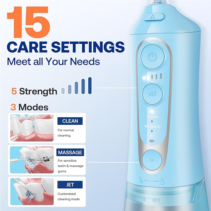 Bitvae C6 Rechargeable Portable Water Flosser, 300ML Water Dental Flosser Pick for Teeth, Gums, Braces, 3 Modes 5 Intensities, Waterproof Cordless Water Flosser for Cleaning, Sky Blue