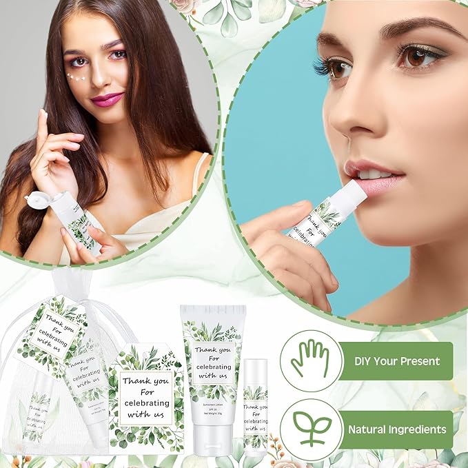 12 Sets Thank You Gifts Mini Sunscreen and Sunscreen Lip Balms Travel Size Thank You Gifts for Weddings Baby Shower Favors Supplies(Wedding Eucalyptus)