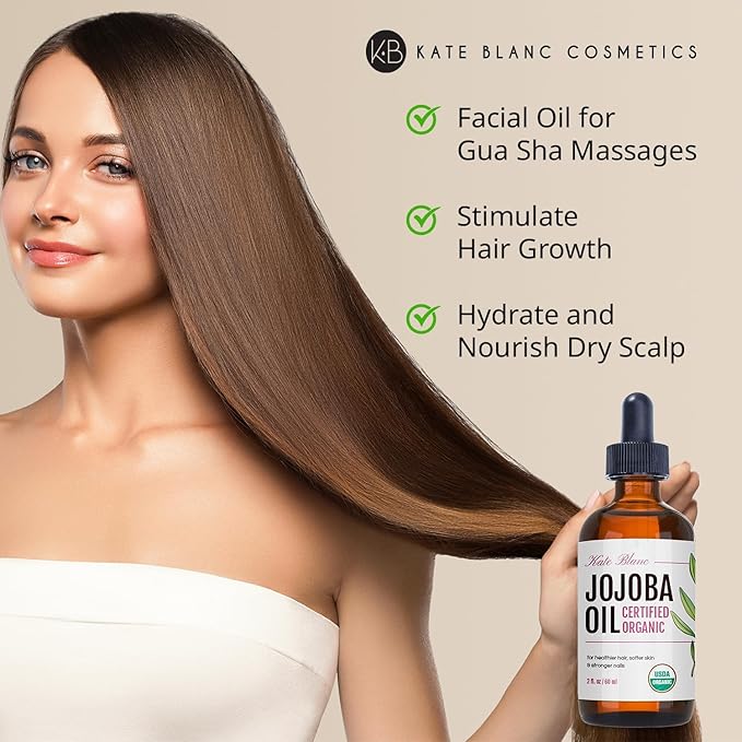 Kate Blanc Cosmetics Jojoba Oil for Softer Hair & Smoother Skin. Gua Sha Oil for Face & Dermaplaning (2oz, Organic, 100% Pure, Natural)