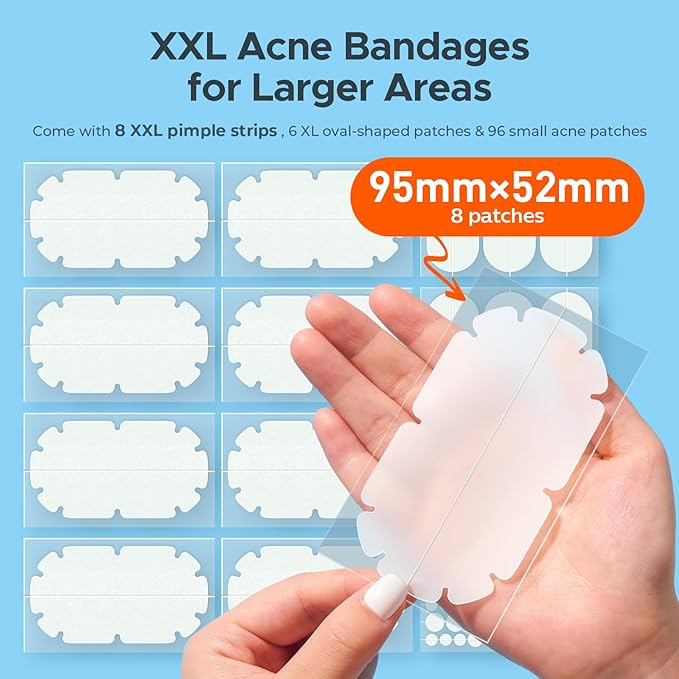 TKTK XXL Pimple Patches for Body, Large Hydrocolloid Acne Patches, 5 Sizes Big Hydrocolloid Bandages for Back, Chest, Shoulders Zit Breakouts, Blemish Patches for Face (Oval, Dot 110 Count)