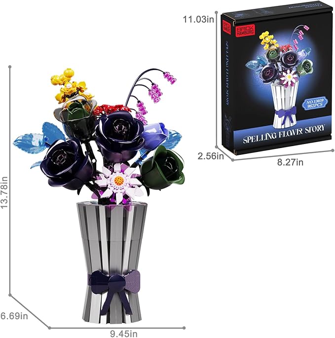 Flowers Bouquet Building Set 982 PCS Multiple Rose Botanical Collection Kit Artificial Flowers Botanical Collection DIY Unique Home&Office Bonsai Decoration Gift for Valentine's Day Christmas