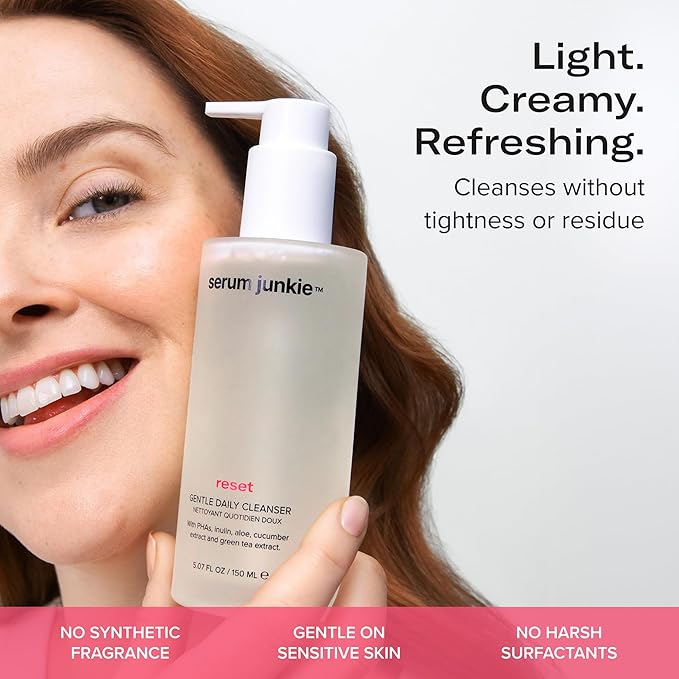 RESET Gentle Daily Cleanser with PHAs, Prebiotics, Glycerin, Cucumber, Green Tea, Rose, Hydrating Exfoliating Face Wash for Sensitive Skin, Non-Stripping, Vegan, 5.07 fl oz